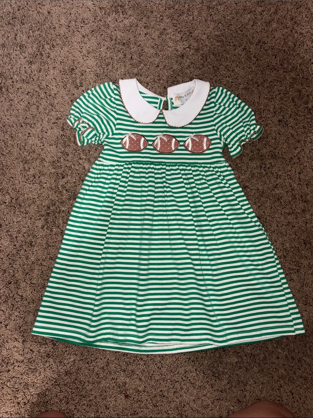 Girls' Green Striped Peter Pan Collar Dress with Football Appliqués